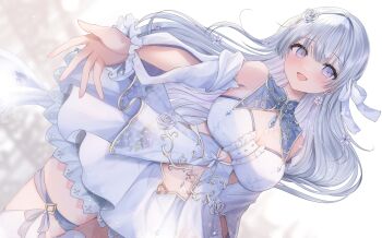 1girl :d aoi_sui arm_cutout bare_shoulders blunt_bangs blurry blurry_background blush body_jewelry bow breasts center_frills cleavage cleavage_cutout clothing_cutout collared_dress commentary_request commission cowboy_shot detached_sleeves dress dutch_angle earrings flower flower_earrings framed_breasts frilled_sleeves frills gold_trim grey_hair hair_bow hair_flower hair_ornament indie_virtual_youtuber jewelry kurage_cc large_breasts layered_skirt leg_ribbon long_hair looking_at_viewer offering_hand open_mouth print_dress purple_eyes ribbon rose skeb_commission skirt sleeveless sleeveless_dress smile solo standing stomach_cutout thigh_ribbon thighhighs virtual_youtuber white_background white_dress white_flower white_thighhighs