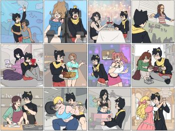 1boy 6+girls a-chan_(agawa_ryou) absurdres agawa_ryou ahoge animal_ears apron aquarium artist_self-insert b-chan_(agawa_ryou) ballroom ballroom_dancing barbell black_hair blonde_hair book bookshelf borrowed_character braid breasts brown_hair c-chan_(agawa_ryou) cat_boy cat_ears cleavage collage commentary cooking crossover cup curvy d-chan_(agawa_ryou) d20_(die) dancing dark-skinned_female dark_skin dating dice dress drill_hair drinking_glass e-chan_(agawa_ryou) eating english_commentary exercising f-chan_(agawa_ryou) fishnet_thighhighs fishnets flat_color food food_in_mouth freckles g-chan_(agawa_ryou) glasses goth_fashion grey_thighhighs gym h-chan_(agawa_ryou) hair_over_one_eye hair_over_shoulder handheld_game_console harem highres i-chan_(agawa_ryou) icosahedron j-chan_(agawa_ryou) jo_cat k-chan_(agawa_ryou) karaoke karaoke_box kitchen kitchen_knife knife l-chan_(agawa_ryou) large_breasts library long_hair medium_breasts midriff miniature multiple_girls muscular muscular_female music nintendo_3ds open_book original pink_dress pink_hair playing_games plump polygamy polyhedral_dice red_apron red_shorts red_wings restaurant roller_coaster scarf semi-rimless_eyewear short_hair shorts singing small_breasts sweat tabletop_game tabletop_rpg tattoo thighhighs tomboy twin_braids twintails under-rim_eyewear weightlifting wine_glass wings yellow_scarf