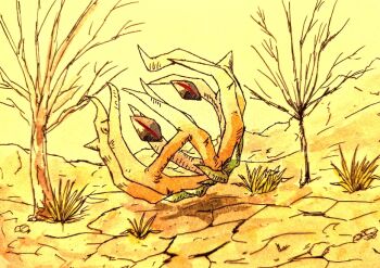 bare_tree bramblin commentary_request crack cracked_floor desert full_body grass nintendo no_humans omega_takai pokemon pokemon_(creature) sepia solo tree