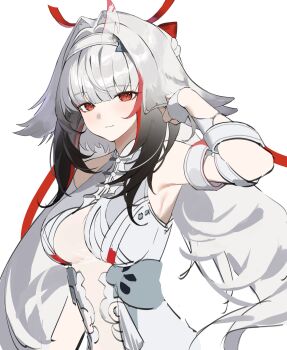 Rule 34 | 1girl, :3, animal ears, black streaks, breasts, china dress, chinese clothes, dodosaae, dress, droopy ears, fox ears, fox girl, headband, highres, horns, long hair, medium breasts, multicolored hair, red eyes, red streaks, ribbon, see-through horns, single horn, sleeveless, streaked hair, tassel, very long hair, white hair, ye shunguang, zenless zone zero