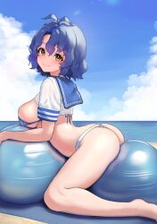 Rule 34 | 1girl, antenna hair, arched back, ass, ball, bare legs, barefoot, bikini, blue bikini, blue hair, blue sailor collar, blue sky, blush, breasts, c (theta), closed mouth, cloud, cloudy sky, commentary request, cropped shirt, day, exercise ball, from side, green eyes, hair between eyes, highres, horizon, idolmaster, idolmaster million live!, large breasts, looking at viewer, lying, ocean, on stomach, outdoors, sailor collar, shirt, short hair, short sleeves, sky, smile, solo, swimsuit, toes, toyokawa fuka, wavy hair, white shirt