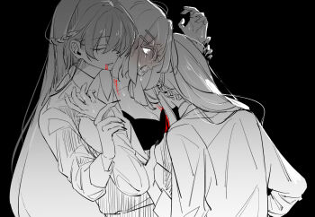 amaori_renako bite_mark biting black_background blood blood_from_mouth blush bra braid breasts chodadarou cleavage collared_shirt commentary_request fang girl_sandwich hair_ornament hairclip half_up_braid holding_another's_wrists koto_satsuki long_hair monochrome neck_biting open_clothes open_mouth open_shirt ouzuka_mai parallel_hairclips purple_eyes saliva sandwiched shirt spot_color sweat tears underwear vampire watashi_ga_koibito_ni_nareru_wake_naijan_murimuri!