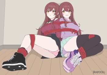 2girls :t arms_behind_back ass bdsm black_choker black_skirt black_socks black_thighhighs blush bondage bound bound_arms bound_legs bound_wrists breasts choker frown green_skirt hair_between_eyes high-waist_skirt highres idolmaster idolmaster_shiny_colors long_hair long_sleeves looking_at_viewer medium_breasts multiple_girls open_mouth osaki_amana osaki_tenka panties pink_panties pleated_skirt pout purple_panties purple_sweater red_hair red_ribbon red_sweater restrained ribbed_sweater ribbon ribbon_bondage shibari shibari_over_clothes shoes siblings sisters sitting skirt sneakers socks sweater swept_bangs tears thighhighs twins underwear wrapped_up yanpooru yellow_eyes