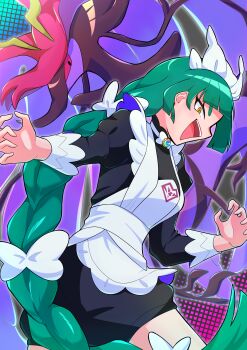 1girl absurdres apron black_shirt black_shorts bow bowtie braid commentary_request dragalge eyelashes gen_6_pokemon green_hair hair_bow highres lebanne_(pokemon) long_hair long_sleeves maid maid_headdress mega_dragalge mega_pokemon mega_stone nintendo open_mouth pokemon pokemon_(creature) pokemon_legends:_z-a shirt shorts single_braid smile teeth upper_teeth_only user_mytn4527 very_long_hair white_apron white_bow white_bowtie white_headdress yellow_eyes