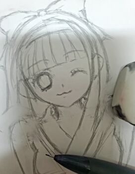 1girl ainu_clothes breasts hair_ribbon highres lips long_hair looking_at_viewer medium_breasts monochrome nakoruru one_eye_closed ribbon samurai_spirits sketch smile snk solo the_king_of_fighters the_king_of_fighters_xv traditional_media wink