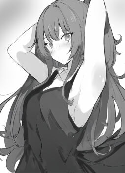 1girl alternate_breast_size_(larger) arms_behind_head arms_up blush breasts commentary_request dress girls'_frontline leva_(girls'_frontline_2) long_hair looking_at_viewer medium_breasts monochrome raifu_(rf) scar scar_across_eye scar_on_face solo ump45_(girls'_frontline) very_long_hair