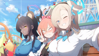 3girls :t ;d ahoge amusement_park animal_ear_fluff animal_ears asuna_(blue_archive) asuna_(school_uniform)_(blue_archive) bear_ears black_choker black_hair black_hairband black_halo black_shirt blonde_hair blue_archive blue_bow blue_bowtie blue_cardigan blue_eyes blue_nails blue_sky blush bow bowtie braid breasts button_gap buttons cardigan cat_ears choker clenched_teeth closed_mouth cloud collared_shirt commentary cream crepe dark-skinned_female dark_skin day diagonal-striped_bow dog_ears dress_shirt earrings eating eyelashes eyes_visible_through_hair fake_animal_ears fang floppy_ears food food_on_face fruit furrowed_brow green_bow grin gyaru hair_between_eyes hair_bow hair_over_one_eye hair_over_shoulder hairband halo hamachikichiki hand_up highres holding holding_food jewelry karin_(blue_archive) karin_(school_uniform)_(blue_archive) large_breasts long_bangs long_hair long_sleeves looking_at_viewer mole mole_under_each_eye mole_under_eye multiple_girls multiple_moles nail_polish neru_(blue_archive) neru_(school_uniform)_(blue_archive) nose_blush official_alternate_costume official_alternate_hairstyle one_eye_closed open_mouth orange_hair outdoors purple_halo red_bow selfie shirt short_hair single_braid sky smile straight_hair strawberry strawberry_slice striped_bow stud_earrings sweatdrop teeth tsurime v white_shirt yellow_eyes