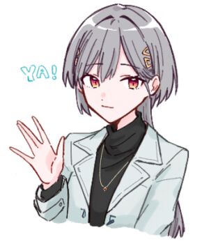 1girl alternate_costume black_sweater closed_mouth coat commentary_request cosplay grey_coat grey_hair hair_ornament jellyfish_cut jewelry katsuragi_izumi link!_like!_love_live! long_hair long_sleeves looking_at_viewer love_live! lowres magicaldraw_(medium) necklace open_clothes open_coat orange_eyes paint_chat_(medium) simple_background slit_pupils solo sweater triangle_hair_ornament waving white_background zangemiya