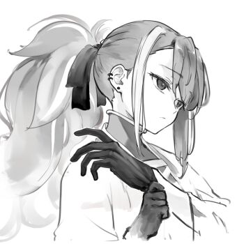 1girl akizuki_maku black_gloves collar cropped_jacket ear_piercing earrings expressionless fate/grand_order fate_(series) from_side gloves greyscale hair_ribbon head_tilt jewelry kawakami_gensai_(fate) kawakami_gensai_(first_ascension)_(fate) long_hair long_sleeves looking_to_the_side monochrome multicolored_hair piercing ponytail putting_on_gloves ribbon sidelocks sketch solo streaked_hair two-tone_hair upper_body