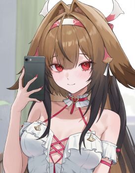 1girl animal_ear_fluff animal_ears armband bare_shoulders blurry blurry_background blush breasts brown_hair cellphone cleavage closed_mouth collarbone commentary cropped cross-laced_clothes cross-laced_top droopy_ears english_commentary fingernails frilled_armband frilled_shirt frilled_shirt_collar frills gonplap hair_intakes hairband hand_up holding holding_phone indoors long_hair looking_at_viewer medium_breasts multicolored_hairband official_alternate_costume phone red_eyes red_hairband red_nails selfie shirt smartphone smile solo upper_body white_armband white_hairband white_shirt ye_shunguang zenless_zone_zero