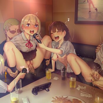 2boys 4girls arm_support black_legwear blonde_hair blue_eyes blush bob_cut breasts breasts_apart brown_eyes brown_hair closed_mouth clothed_sex commentary_request couch drink earrings female_ejaculation female_pubic_hair fingering food french_fries girl_on_top group_sex hetero highres holding holding_microphone indoors jewelry karaoke karaoke_box long_hair medium_breasts microphone multiple_boys multiple_girls music neckerchief nipples no_bra no_panties open_clothes open_mouth open_shirt original penis pleated_skirt ponytail pubic_hair pussy pussy_juice red_neckerchief reverse_upright_straddle ring school_uniform sex sex_from_behind shirt short_hair short_sleeves singing sitting skirt smile socks spread_legs sweat tablet_pc uncensored vaginal watch white_shirt wristwatch yamada_(gotyui)