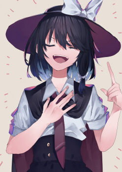 1girl :d absurdres black_cape black_hair black_hat black_skirt bow cape closed_eyes collar hair_between_eyes hair_bow hand_on_own_chest hat hat_bow highres muraryo necktie open_mouth pointing shirt short_sleeves simple_background skirt sleeve_cuffs smile solo teeth touhou upper_teeth_only usami_renko white_background white_bow white_collar white_shirt wide_brim