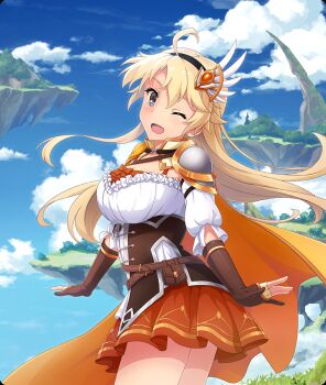 1girl ;d ahoge armor black_hairband blonde_hair blue_eyes blue_sky breasts brown_corset brown_gloves cape cleavage cloud corset day dot_nose dress fantasy floating_island frilled_shirt frills from_side game_cg gloves hair_ornament hairband kohagura_ellen large_breasts long_hair looking_at_viewer looking_to_the_side official_art one_eye_closed open_mouth orange_cape orange_skirt outdoors partially_fingerless_gloves shirt shoulder_armor skirt sky smile solo third-party_source toji_no_miko toji_no_miko:_kizamishi_issen_no_tomoshibi underbust white_dress white_shirt wing_hair_ornament