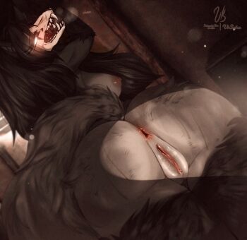 1girl animal_ears anus artist_name ass ass_focus black_fur black_hair black_sclera blurry blurry_background body_fur breasts breath clitoral_hood clitoris colored_sclera completely_nude cowboy_shot dutch_angle english_text female_focus from_behind furry furry_female glowing glowing_eyes grey_fur half-closed_eyes highres huge_ass indoors large_breasts light light_particles long_hair looking_at_viewer looking_back mature_female multicolored_fur nipples nude pussy pussy_juice saliva scp-1471 scp_foundation sharp_teeth signature skull solo standing subscribestar_username tail talking teeth tongue twitter_username uncensored vksuika watermark wolf_ears wolf_girl wolf_tail yellow_eyes