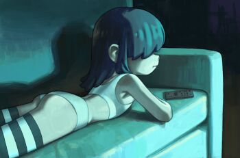 1girl absurdres aoncyth ass black_hair black_thighhighs closed_mouth controller couch hair_over_eyes highres loli lucy_loud lying on_couch on_stomach panties remote_control solo sports_bra striped_clothes striped_thighhighs the_loud_house thighhighs two-tone_thighhighs underwear white_panties white_sports_bra white_thighhighs