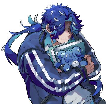1boy absurdres aqua_hair beard_stubble blue_hair blue_jacket book clipboard closed_mouth covered_eyes curtained_hair facial_hair facing_viewer fuji_den_fujiko green_eyes hair_over_eyes highres holding holding_book holding_clipboard holding_stuffed_toy hugging_object jacket kubari_donzaburo long_hair long_sleeves low_ponytail male_focus mekakare multicolored_hair nervous official_art open_clothes open_jacket parted_bangs polo_shirt ponytail shaded_face shirt simple_background slouching solo streaked_hair strongman_waist stubble stuffed_animal stuffed_toy sweatdrop teddy_bear track_jacket two-tone_hair upper_body very_long_hair wavy_mouth white_background white_shirt zipper