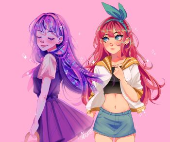 2girls abicattoo aegyo_sal arm_at_side arms_at_sides artist_name aubrey_(faraway)_(omori) aubrey_(omori) bare_arms basket black_hair black_shirt blue_eyes blue_hairband blue_skirt blush bow_hairband buttons center-flap_bangs closed_eyes closed_mouth collared_shirt commentary cowboy_shot denim denim_skirt double-parted_bangs english_commentary expressionless facing_viewer frown hair_behind_ear hair_between_eyes hair_over_shoulder hairband hand_on_own_chest hand_up highres holding holding_basket jacket lips long_hair looking_at_another looking_to_the_side mari_(headspace)_(omori) mari_(omori) midriff miniskirt multicolored_hair multiple_girls navel neckerchief omori open_clothes open_jacket orange_sailor_collar pink_background pink_neckerchief pleated_skirt pocket purple_skirt purple_sweater_vest red_hair roots_(hair) sailor_collar shirt short_sleeves sidelocks sideways_glance simple_background skirt smile sparkle spiked_ear_piercing standing straight_hair sweater_vest tareme three-quarter_sleeves two-tone_hair u_u very_long_hair white_jacket white_shirt