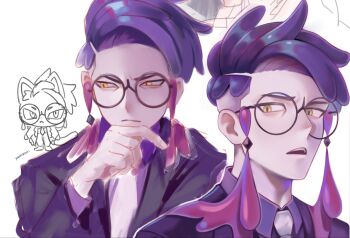 chibi collared_shirt corbeau_(pokemon) eyewear_strap glasses highres kookirani long_sleeves male_focus multiple_views necktie nintendo orange_eyes pokemon pokemon_legends:_z-a purple_hair purple_shirt round_eyewear shirt short_hair sideburns undercut white_necktie