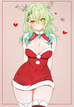 1girl absurdres alternate_costume animal_ears antlers arms_behind_back braid braided_bangs breasts ceres_fauna cleavage cleavage_cutout closed_mouth clothing_cutout commentary_request covered_erect_nipples cowboy_shot crossed_bangs dress flower fur-trimmed_dress fur-trimmed_thighhighs fur_trim gradient_hair green_hair hair_between_eyes hair_flower hair_ornament hair_over_one_eye hair_rings heart highres hololive hololive_english horns large_breasts long_hair looking_at_viewer multicolored_hair psypolo_d red_dress red_thighhighs santa_costume santa_dress short_dress side_up_ring simple_background smile solo spanish_commentary thighhighs virtual_youtuber yellow_eyes