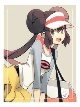 1girl bag black_pantyhose breasts brown_hair donut_hair_bun double_bun green_eyes hair_bun hat highres long_hair looking_at_viewer nintendo open_mouth pantyhose poke_ball_print pokemon pokemon_bw2 raglan_sleeves rosa_(pokemon) shirt shorts shoulder_bag simple_background smile solo teeth topple33 twintails upper_teeth_only visor_cap yellow_shorts