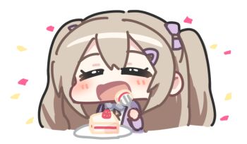 1girl blush bow brown_hair cake cake_slice chibi chibi_only closed_eyes commentary eating food fork hair_bow hair_ornament holding holding_fork kokone_(coconeeeco) kokone_(coconeeeco)_(character) long_hair open_mouth original purple_bow solo