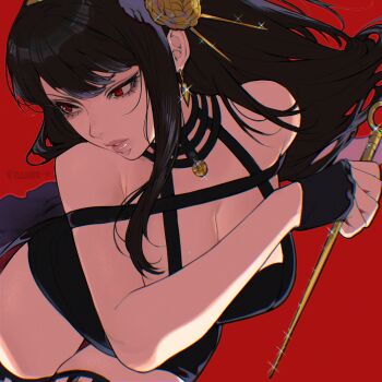 1girl absurdres black_dress black_hair breasts cleavage dress earrings feet_out_of_frame gold_hairband hairband highres holding holding_weapon jewelry red_background red_eyes solo spy_x_family thighs weapon yiiande yor_briar