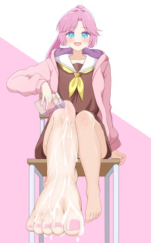 1girl absurdres anyoji_hime barefoot blue_eyes blush drink_carton feet hasu_no_sora_school_uniform highres ikurage_(namakurage_13) link!_like!_love_live! long_hair looking_at_viewer love_live! milk_carton open_mouth pink_hair ponytail school_uniform serafuku toes