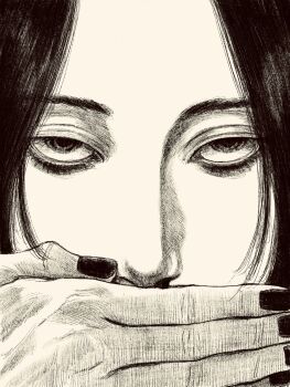 1girl black_hair black_nails close-up covering_own_mouth greyscale highres long_hair looking_at_viewer monochrome original solo straight-on tp_p_pt