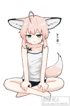 1girl ahoge animal_ears arknights barefoot black_shorts blue_eyes flat_chest fox_ears fox_girl fox_tail kamihine looking_at_viewer material_growth oripathy_lesion_(arknights) shorts simple_background sitting solo sussurro_(arknights) tail watermark white_background