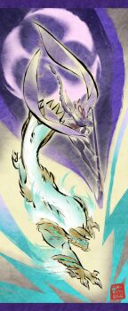 1girl abstract_background absurdres artist_name blunt_bangs braid bridal_gauntlets chin_spike claws commentary crossover electricity english_commentary engulfing_lightning_(genshin_impact) floating_hair genshin_impact glowing green_fur highres holding holding_polearm holding_weapon japanese_clothes kimono kirukirice long_hair mane mole mole_under_eye monster monster_boy monster_hunter_(series) polearm powering_up purple_eyes purple_hair purple_kimono purple_thighhighs raiden_shogun red_ribbon ribbon single_braid thighhighs weapon wide_sleeves zinogre