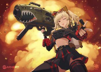 1girl 2025 animal_ears artist_logo black_jacket black_shirt black_skirt black_thighhighs blonde_hair burnice_white commission copyright_name cropped_jacket destiny_(game) eyewear_on_head fake_animal_ears finger_gun highres hiroki_ree jacket logo long_hair looking_at_viewer midriff navel one_eye_closed rabbit_ears red-tinted_eyewear red_eyes shirt skirt solo sunglasses thighhighs tinted_eyewear tongue tongue_out twintails zenless_zone_zero