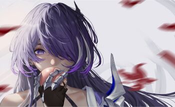 1girl absurdres acheron_(honkai:_star_rail) black_gloves bone coat detached_sleeves earrings eating falling_petals food fruit gloves goldenfish hair_over_one_eye highres holding holding_food holding_fruit honkai:_star_rail honkai_(series) jewelry long_hair multicolored_hair peach petals purple_eyes purple_hair single_bare_shoulder single_earring skeleton solo streaked_hair white_coat