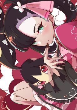2girls absurdres apron asymmetrical_bangs black_apron black_hair black_nails chocolate closed_mouth dress earrings eyelashes food gen_3_pokemon green_eyes hair_ribbon heart highres holding holding_chocolate holding_food jewelry looking_at_viewer marnie_(palentine&#039;s_2022)_(pokemon) marnie_(pokemon) mawile multiple_girls nintendo official_alternate_costume on_lap pink_eyes pink_ribbon pokemon pokemon_(creature) pokemon_masters_ex pokemon_on_lap red_background ribbon short_sleeves simple_background ssn_(sasa8u9r) twintails wrist_cuffs