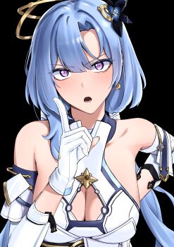 1girl absurdres bare_shoulders black_background blue_hair breasts cleavage cleavage_cutout clothing_cutout commentary_request crescent crescent_earrings detached_sleeves dress earrings flower gloves griseo griseo_(cosmic_expression) hair_flower hair_ornament halo highres honkai_(series) honkai_impact_3rd jewelry korean_commentary large_breasts long_hair looking_at_viewer open_mouth purple_eyes pyeong_il simple_background solo upper_body very_long_hair white_dress white_gloves