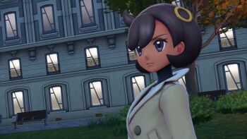 1girl 1other animated black_bodysuit black_hair bodysuit bodysuit_under_clothes cowboy_shot dark-skinned_female dark_skin emma_(pokemon) gen_6_pokemon highres jacket looking_at_another malamar mega_malamar nintendo outdoors pokemon pokemon_legends:_z-a road ryona shiny_clothes short_hair smile street subtitled tagme video wide_hips