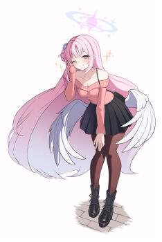 1girl absurdres angel_wings bare_shoulders black_boots black_pantyhose black_skirt blue_archive blush boots breasts cleavage closed_mouth collarbone commentary_request feathered_wings flower full_body hair_bun hair_flower hair_ornament halo head_wings highres long_hair looking_at_viewer low_wings medium_breasts mika_(blue_archive) off-shoulder_shirt off_shoulder one_eye_closed over-kneehighs pantyhose pink_hair pink_halo pink_sweater pleated_skirt shirt simple_background single_hair_bun single_side_bun skirt smile solo sweater thighhighs very_long_hair white_background white_wings wings xuga