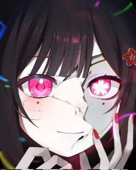 Rule 34 | 1girl, black hair, butterfly-shaped pupils, commentary, cracked kawaii mask, facial mark, flower, flower-shaped pupils, hair flower, hair ornament, highres, honkai: star rail, honkai (series), kom376986, light blush, light smile, mismatched pupils, pink eyes, red flower, red nails, sidelocks, sparkle (honkai: star rail), symbol-only commentary, symbol-shaped pupils