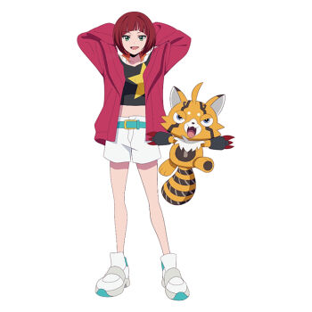 1girl anime_coloring black_shirt breasts brown_hair digimon digimon_beatbreak fang full_body green_eyes jacket jumping looking_at_viewer medium_hair multicolored_hair official_art orange_hair pristimon red_jacket sakuya_reina shirt shorts simple_background smile standing toei_company two-tone_hair white_background white_shorts
