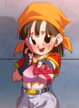 Rule 34 | 1girl, bandana, black eyes, black gloves, black hair, blush, box, chain, collarbone, commentary request, crop top, dragon ball, dragon ball gt, fingerless gloves, gift, gloves, headscarf, heart-shaped box, holding, holding gift, midriff, orange bandana, orange headscarf, pan (dragon ball), red shirt, rom (20), saiyan, shirt, short hair, valentine