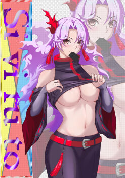 1girl absurdres bare_shoulders belt black_arm_warmers black_pants black_shirt black_sleeves breasts card card_in_mouth cardfight!!_vanguard cardfight!!_vanguard_divinez closed_mouth clothes_lift collarbone commentary_request cowboy_shot crop_top detached_sleeves earrings hair_between_eyes highres horns inabe_nao jewelry large_breasts lifting_own_clothes long_hair looking_at_viewer mouth_hold navel pants parted_bangs possessed purple_hair red_belt shirt shirt_lift sidelocks single_horn sirotaka_(gavrail) sleeveless sleeveless_shirt solo standing stomach tassel tassel_earrings turtleneck turtleneck_shirt underboob yellow_eyes zoom_layer