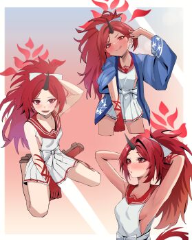 1girl :q absurdres arms_behind_head arms_up bare_arms black_horns blue_archive blush breasts closed_mouth cropped_legs eyeshadow hair_intakes halo highres horns long_hair looking_at_viewer makeup multiple_views nose_blush open_mouth parted_lips pleated_skirt ponytail red_eyes red_eyeshadow red_halo red_sailor_collar red_tail renge_(blue_archive) sailor_collar sideboob sideless_outfit single_horn sitting skirt small_breasts taeman tongue tongue_out wariza white_skirt