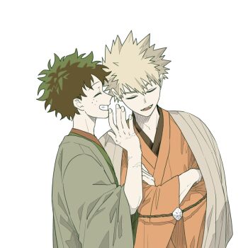 2boys alternate_costume arm_up bakugou_katsuki blonde_hair boku_no_hero_academia closed_mouth commentary_request crossed_arms freckles green_hair green_kimono grin highres japanese_clothes kimono korean_commentary labhu long_sleeves male_focus midoriya_izuku multiple_boys open_mouth orange_kimono simple_background smile upper_body white_background wide_sleeves