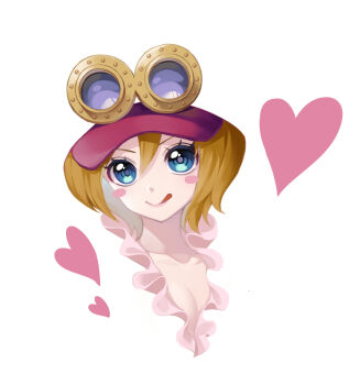 1girl blue_eyes blush_stickers crazy_otama eyelashes frilled_shirt frills goggles goggles_on_headwear heart highres koala_(one_piece) one_piece shirt short_hair simple_background solo tongue tongue_out white_background