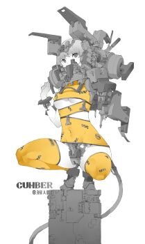 1girl armor artificial_eye barcode breasts covered_mouth covered_navel cyborg full_body groin hand_up highres liren44 looking_at_viewer machine mechanical_arms mechanical_eye mechabare mechanical_tail medium_breasts metal monochrome original sabaton science_fiction short_hair simple_background single_mechanical_arm skin_tight solo spot_color squatting tail thighhighs underboob x_x yellow_thighhighs