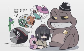 1girl artist_self-insert baby_animal badge bags_under_eyes banban_(garten_of_banban) bird bittergiggle black_headwear black_skirt brown_cardigan brown_eyes brown_hair cardigan chick crying garten_of_banban jumbo_josh kiman long_sleeves medium_hair opila_bird opila_chick original petting runaway_girl_(kiman) sheriff_badge sheriff_toadster sitting skirt solo speech_bubble stinger_flynn tarta_bird tears thought_bubble translation_request wariza