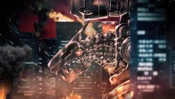 Rule 34 | animated, building, cable, cannon, city, destruction, digimon, digimon (creature), dragon, epic, fire, mugendramon, night, robot, sharp teeth, sky, solo, teeth, video
