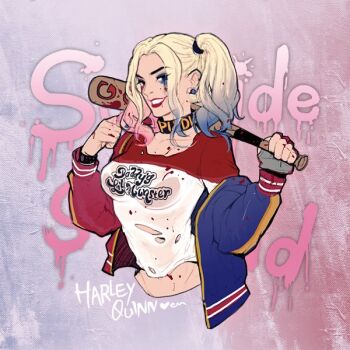 1girl baseball_bat blonde_hair blue_hair character_name choker dc_comics earrings eyeshadow fingerless_gloves gloves harley_quinn hashtag-only_commentary holding holding_baseball_bat iiiiben jewelry looking_at_viewer makeup off-shoulder_jacket off_shoulder pink_hair single_fingerless_glove smile solo twintails