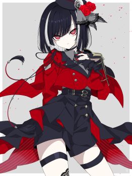 1boy absurdres armor belt black_belt black_hair black_shorts bob_cut cowboy_shot cropped_jacket expressionless fingerless_gloves fishnet_gloves fishnets flower gloves hat hat_flower high-waist_shorts highres jacket japanese_armor kote kyogoku_masamune lapels looking_at_viewer male_focus mini_hat multicolored_hair nail_polish red_eyes red_flower red_jacket red_nails red_rose rose seira_jablko short_hair shorts solo thigh_strap touken_ranbu trap two-tone_hair