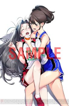 2girls antenna_hair blush braid breasts brown_eyes brown_hair closed_eyes clothing_request drunk feeding fukuda_tomonori half_up_braid interlocked_legs leg_between_thighs long_hair looking_at_another lying multiple_girls official_art on_back on_side open_mouth red_shoes robotics;notes sample_watermark science_adventure senomiya_akiho shiny_skin shoes short_shorts shorts shoulder_grab small_breasts smile socks sportswear teeth thighs tongue upper_teeth_only very_long_hair watermark white_socks yukifune_airi