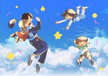 1boy 2girls aion3196 arms_behind_back bandaid bandaid_on_knee bandaid_on_leg barefoot black_shoes blue_hat blue_jacket blue_pants blue_sky brown_hair bug butterfly child closed_eyes commentary confetti day dress food green_eyes green_shirt grey_shorts hat highres ice_cream ice_cream_cone insect jacket maruko_gaku multiple_girls notice_lines open_mouth original outdoors pajamas pants patchwork_clothes photo_background pinafore_dress pocket raglan_sleeves red_eyes shirt shoes short_hair short_twintails shorts sky sleeveless sleeveless_dress smile socks striped_clothes striped_pants striped_shirt symbol-only_commentary the_hundred_line_-last_defense_academy- torn_clothes twintails u_u white_pants white_shirt white_socks